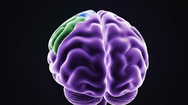 Human brain 3D model with color coded lobes and regions on a dark background for medical visualization