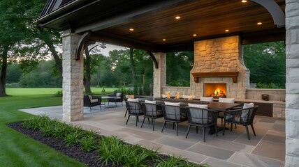 Fototapeta premium Luxury outdoor patio with fireplace seating and modern garden landscaping design