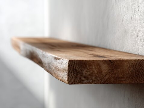 Minimalist wooden shelf mounted on plain white wall. Natural wood grain and rustic edge add warmth. Soft lighting highlights texture and depth. Simple design ideal for modern interiors