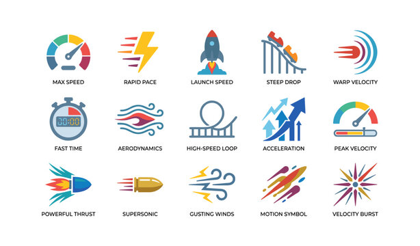 Speed and motion icons illustrating velocity and acceleration on white