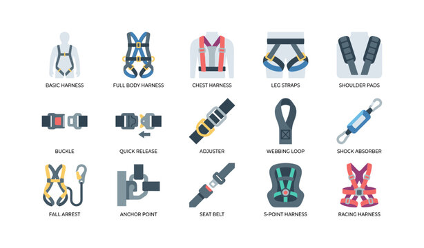 Safety harness and fall protection icons grid with equipment