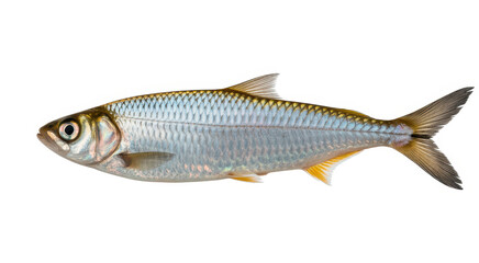 Fototapeta premium Fresh raw silver fish with shiny scales and fins isolated on a plain white background view