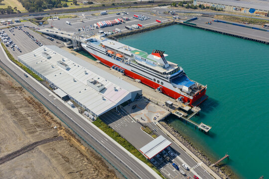 Aerial view of a passenger ferry at a shipping terminal