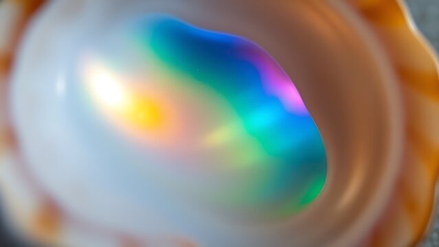 Inner nacre of seashell reflecting iridescent rainbow colors, macro detail with soft lighting.
