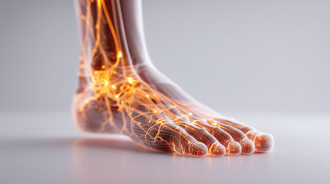 Medical illustration of foot with highlighted nerves, showing neuropathy, nerve pain and neurological condition concept.