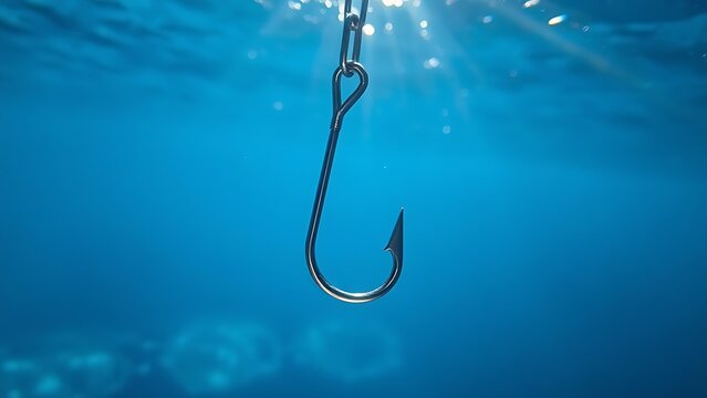 Close-up of a fishing hook submerged underwater with metallic reflections.