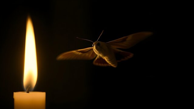 Single moth in flight approaching a warm candle glow in darkness.