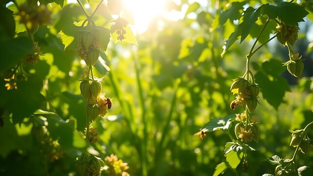 Sunlight filtering through lush green hop bines with delicate flowers and bees.