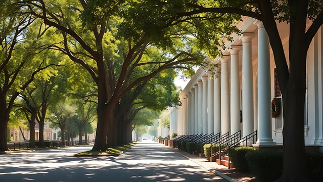 A historic street lined with white-pillared houses under sun-dappled light.