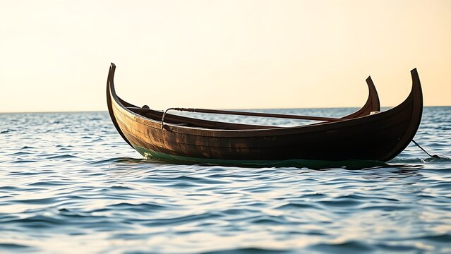 Traditional Polynesian canoe with outrigger on calm ocean, morning light.