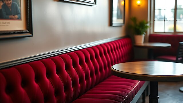 A deep red velvet bench and wooden table in a cozy vintage cafe.