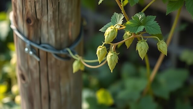 Hops vine with soft stems twining around a weathered wooden stake, green leaves, morning light.