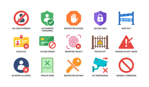 Access restriction and forbidden signs icons on white background