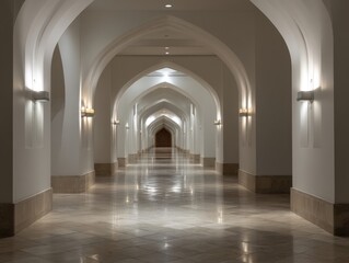 Fototapeta premium Long hallway with arched ceilings and warm wall lights. Polished stone floor reflects the soft illumination. Symmetrical arches lead to a distant, softly lit doorway