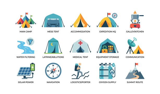 Camping and expedition tent icons organized in grid layout