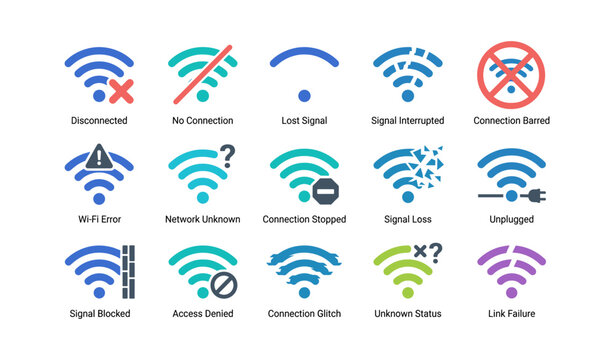 Wi fi connectivity error icons shown on white background