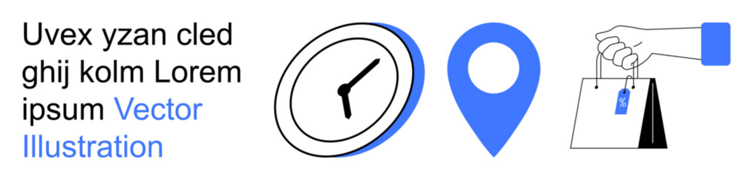 Time management, navigation services, e-commerce, online shopping, business marketing, conceptual design. Includes a clock, a location marker and a hand holding shopping bags. Time management