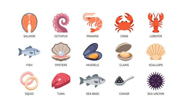 Seafood and shellfish icons showing various fish and mollusks