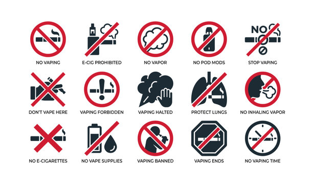 No vaping and e cigarette prohibition icons arranged in grid
