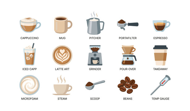 Coffee and brewing icons showing cups tools on white background