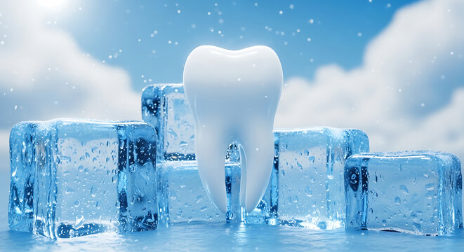 Human tooth on ice cubes representing sensitive teeth pain
