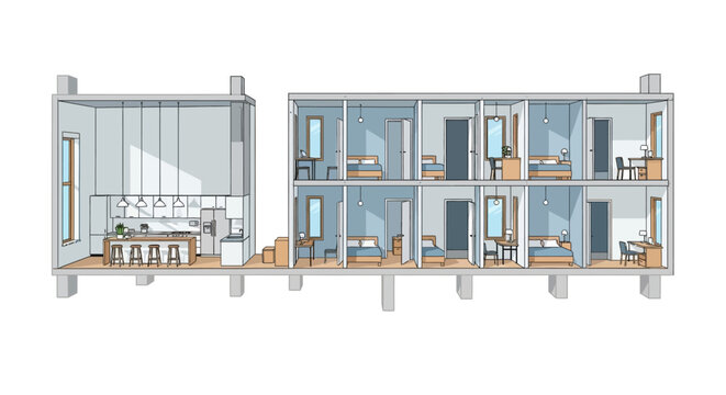 Architectural Cross-Section of Modern Modular Co-Living Apartment Building and Shared Kitchen Area
