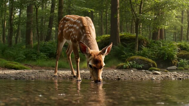 Fawn approaches a forest river to drink water in the wilderness. Young deer stands near the stream bank in a lush woodland setting. Wildlife nature scenery.