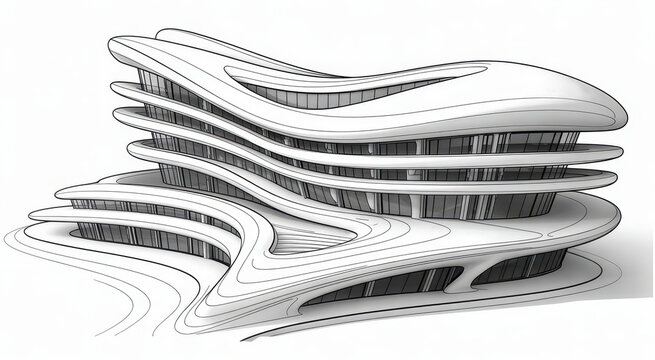 Futuristic parametric architecture building with flowing curved lines, white background