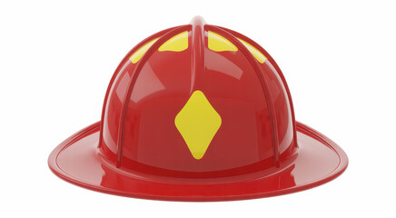 Fototapeta premium Glossy red firefighter helmet with yellow diamond emblem isolated on a white background