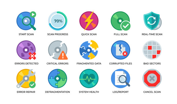 Disk scan icons showing scan status and error indicators