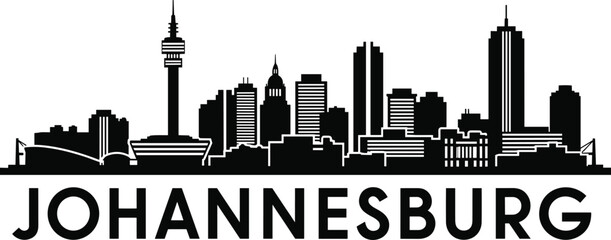 Naklejka premium Black Silhouette of Johannesburg Skyline with City Name Below black and white
