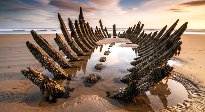 Remains of a shipwreck forming a curved structure on a sandy beach with reflective water and sunset light. Dramatic composition creates a striking coastal scene ideal for travel visuals and history 