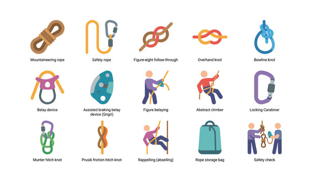 Climbing ropes and knots icons illustrating safety equipment