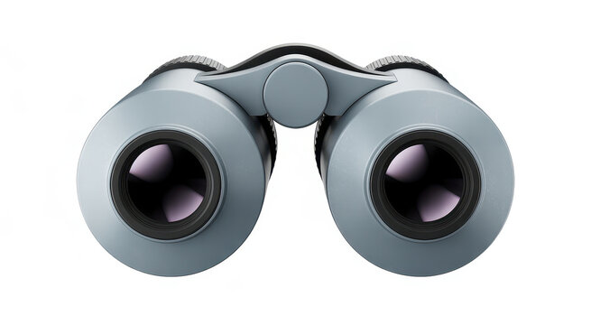 Gray binoculars with black lenses for birdwatching and outdoor activities on white background