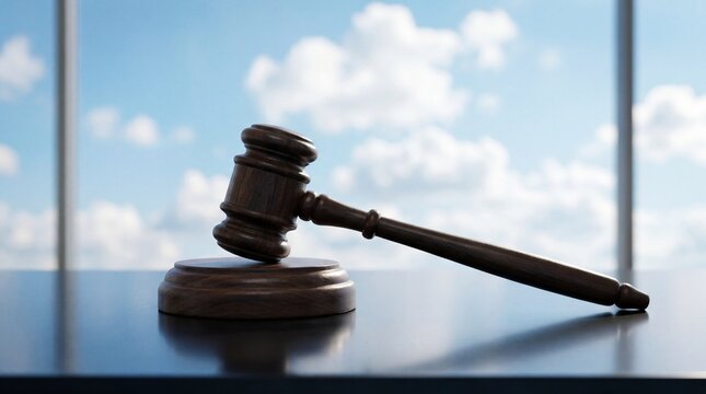 Gavel resting on a sound block in front of a window with clouds.