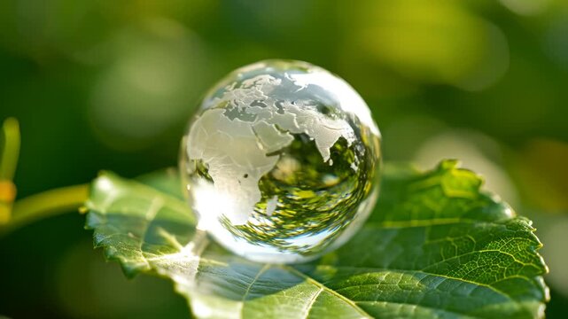 Glass globe on green leaf highlighting environmental conservation and serenity