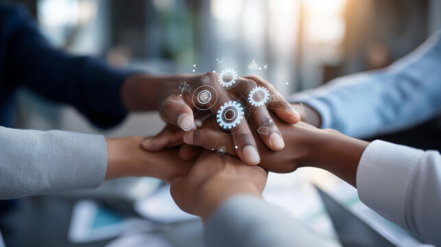Close-up of diverse hands connecting at the center of a table with business icons overlaid, unified strategy concept, cross-functional teamwork, business collaboration symbol,