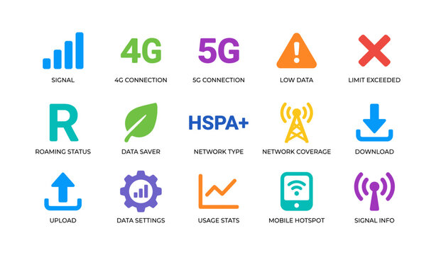 Mobile network and signal icons showing connection types and status