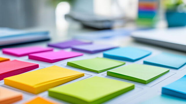 Overhead view of sticky notes arranged by color in quadrants on a white table during strategy mapping, design thinking concept, team categorization, visual planning session, with