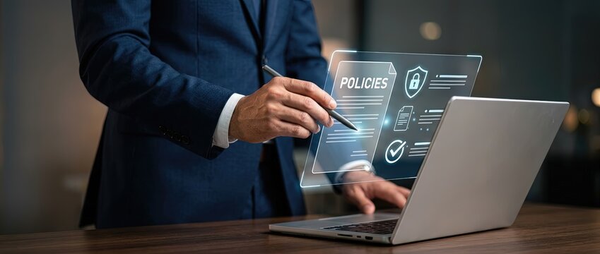 Business professional engaging with digital policies on laptop modern office setting informative content display clear perspective technology integration