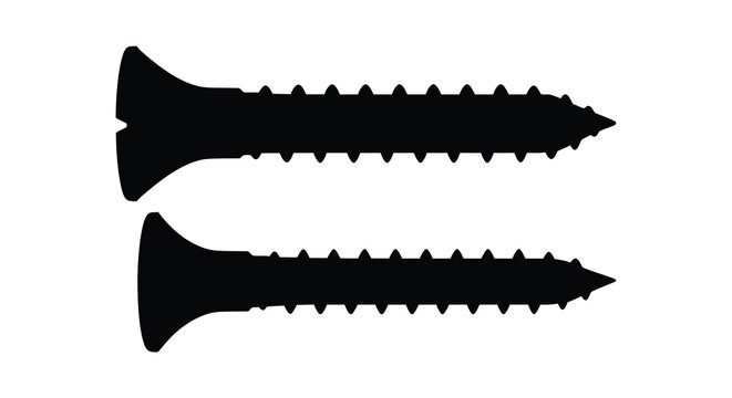 Two black wood screws isolated on a white background silhouette