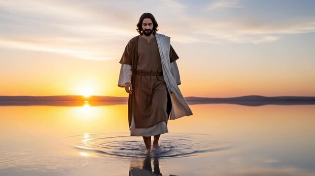 Jesus Christ, walking on water, performing a divine miracle, a biblical parable of faith and theology, profound spiritual lesson, sacred pilgrimage at sunset