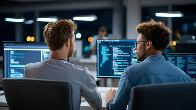 Rear view of software developers at multiple monitors coding late at night in a dark tech office, programmer collaboration concept, software development teamwork, night shift