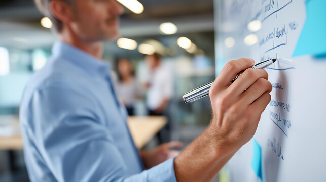 Close-up of a team leader's hand writing on a whiteboard with team members blurred in background, knowledge sharing concept, business workshop facilitation, team instruction