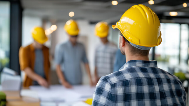 Rear view of a team of architects and engineers in helmets reviewing technical drawings on a table, cross-functional collaboration concept, construction project meeting, technical