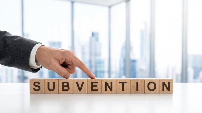 Businessman Pointing to Subvention Word on Blocks	