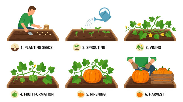 Pumpkin life cycle stages showing agricultural growth animation with professional farmer planting seeds watering sprouts and harvesting ripe orange gourds