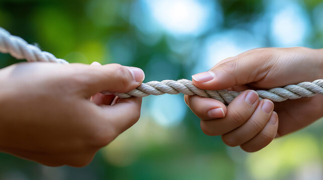 Close-up of two hands connecting the final piece of a rope circle together, team completion concept, collaborative achievement, partnership finalization symbol, with copy space