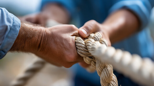 Close-up of two hands connecting the final piece of a rope circle together, team completion concept, collaborative achievement, partnership finalization symbol, with copy space
