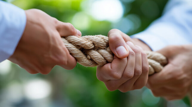 Close-up of two hands connecting the final piece of a rope circle together, team completion concept, collaborative achievement, partnership finalization symbol, with copy space